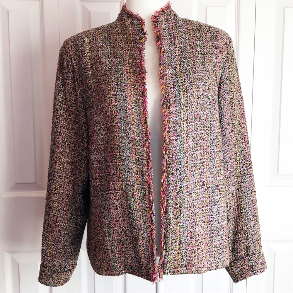 Coldwater Creek Colorful Tweed Silk Blend Fringe Open Front Jacket Medium